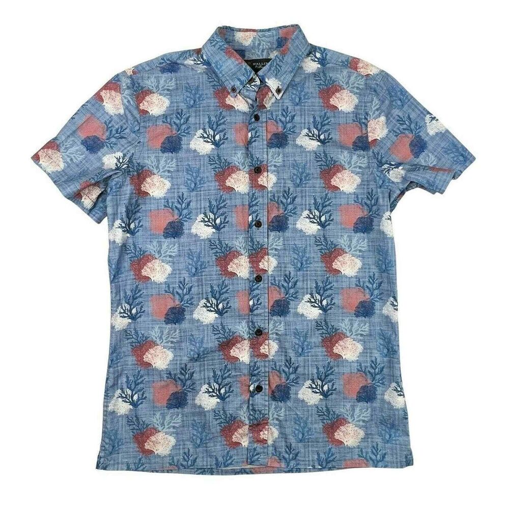 WALLIN & BROS Mens M Blue Coral Reef Cotton Blend Short Sleeve Button Up Shirt